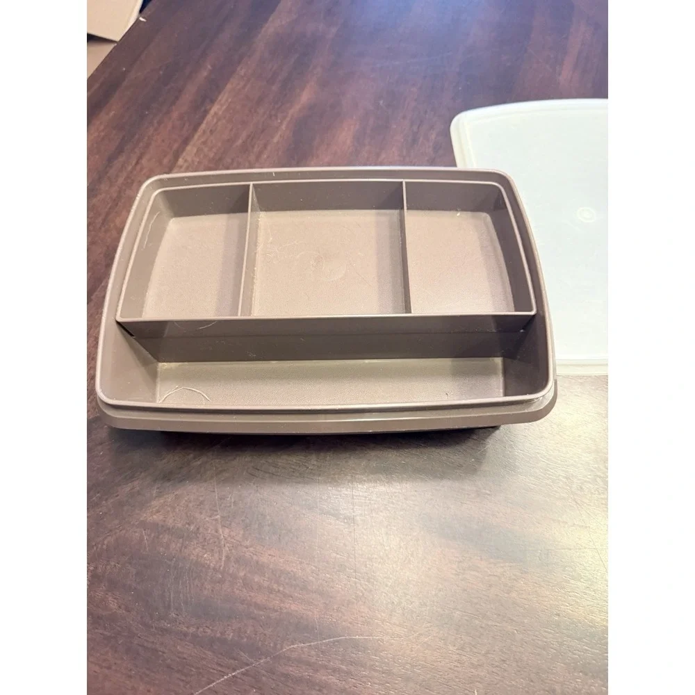 Vintage Tupperware Tuppercraft Stow-N-Go 767 Brown 3 piece change money Divided